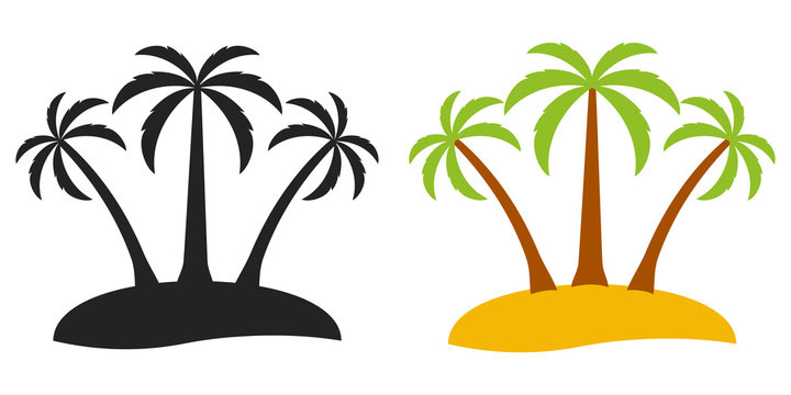 Palm tree desert island, vector logo for tourism three palm trees on an island, flat comic cartoon style