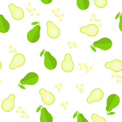 Avocado cut seamless pattern in flat style. Healthy food print. Endless tropical texture with whole, half, slice and cubes of fruit on white background. Vector illustration