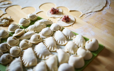 Fototapeta na wymiar Homemade dumplings and khinkali