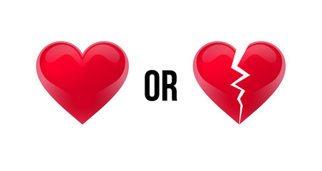 Do you love me? Yes OR No? Heart and broken heart. Isolated in white background. Vector illustration