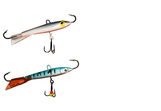Two winter bait balancer for predatory fish. Large balancers for catching fish from the ice. Isolated on white background.