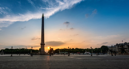 Beautiful sunset of Luxor Obelisk. Paris, France