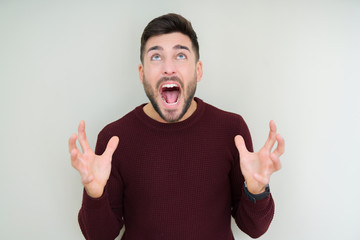 Young handsome man wearing a sweater over isolated background crazy and mad shouting and yelling with aggressive expression and arms raised. Frustration concept.