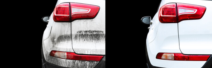 Car wash service before and after washing. Before and after cleaning maintenance. Half divided...