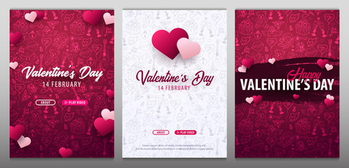 Set of Valentines Day banners with doodle background. 14 February. Vector Illustration.