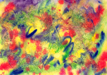 Fototapeta na wymiar Abstract artistic hand painted watercolo, mixed colors palette, yellow, red, blue, green, rainbow