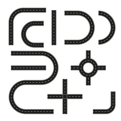 Road construction set. Highway map toolkit. Connectable road elements. Vector illustration of winding road.