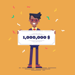 Happy african american man in formal suit is holding a big bank check for a million dollars. Lottery gain concept. Vector illustration in flat design.
