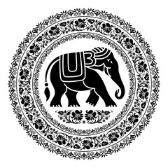 Tribal style elephant in round floral frames. Only black. Ethnic poster, mandala style. Thai ornaments and symbol. T-shirt print. 