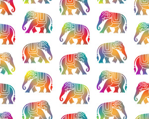 Seamless pattern with tribal style elephants. Thai, Indian, African symbol. Rainbow, spectrum colors.