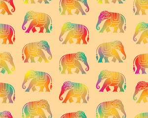 Overlapping seamless patterns. Tribal style elephants and floral textures. Thai, Indian, African symbol. Rainbow, spectrum colors.