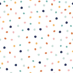 Foto op Plexiglas Polka dot Naadloze patroon met kleurrijke stippen. Confetti vakantie print. Vector hand getekende illustratie.