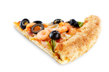 Pizza with shrimp, olives, green pepper and onion isolated