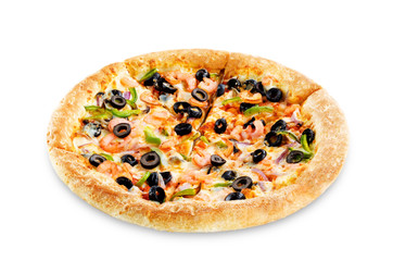 Pizza with shrimp, olives, green pepper and onion isolated