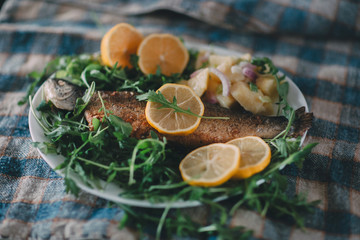 Fototapeta na wymiar Grilled fish served with potato, arugula and lemon