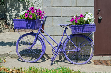 Fototapeta na wymiar Flower basket from an old bike