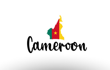 Cameroon country big text with flag inside map concept logo