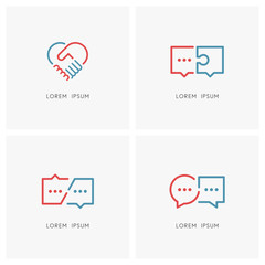 Partnership and conversation logo set. Business communication or chat symbol, hands make a deal and heart shape - dialogue and discussion, handshake, teamwork and cooperation vector icons.