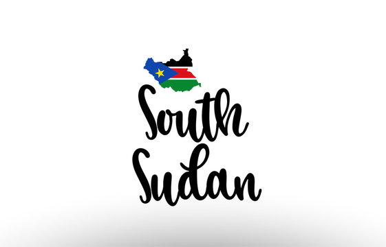 South Sudan country big text with flag inside map concept logo