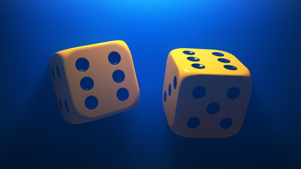 Yellow dice on a blue fog background. 3D Illustration.