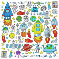 Vector set of space elements icons in doodle style. Painted, colorful, pictures on a piece of linear paper on white background.