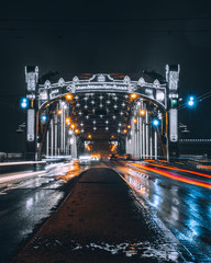 Bolsheohtinskiy bridge at night in Saint-Petersburg. Russia. Long exposure photo. 