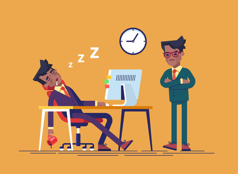 Angry Boss And Office Worker Falling Asleep At Work In Office. Exhausted Employee Sleeping Behind His Desk While Angry Chief Is Standing Near. Modern Vector Illustration.