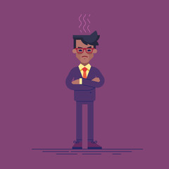 An angry african american businessman is standing with arms crossed. Flat vector illustration.