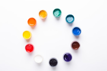 Multicolored gouache on a white background Isolated Top view Copy space Circle shape