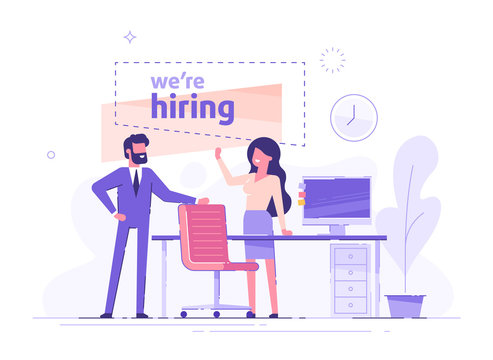 Businessman and woman are hiring new staff. Head hunters. Vacant place in an office. Workplace with a computer in the office. Flat vector illustration.