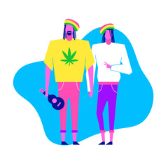 Colorful flat characters,subculture music genre apparel style concept.Flat people,man and women in rasta styles clothes outfit on blue white background  in trendy neon colours, disco style