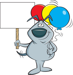 Cartoon illustration of a dog holding balloons and a sign.