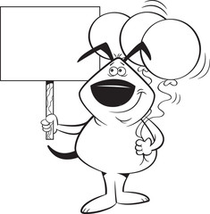 Black and white illustration of a dog holding balloons and a sign.