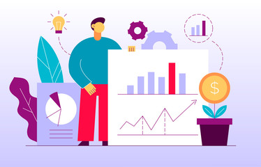Vector flat style business and finance  design concept with big modern person  holding financial graphs.Trendy investment and stock  illustration with diagrams, light bulb,money plant and leaves.