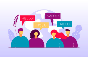 Vector flat translation concept of  big modern people,speaking different languages.Trendy language courses, translation agency illustration with earth globe, word hello in Spanish,French,German.