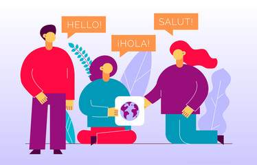 Vector flat translation design concept of  big modern people with word Hello in English, Spanish and French. Trendy language courses, translation agency illustration with earth globe and leaves.