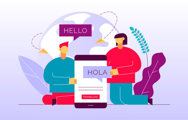 Vector flat translation design concept of  big modern people, holding smartphone with word Hello in spanish. Trendy language courses, translation agency illustration with earth globe and leaves. © trapezoid13