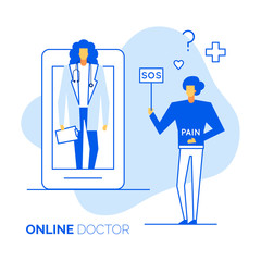 Online doctor consultation support help web service vector illustration,healthcare medicine concept.Doctor character avatar,remote working from app screen of patient display,Ready to use modern flat