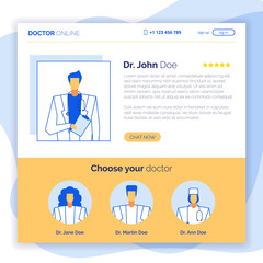 Online consultation support web service doctor characters set,app screen,landing page template,healthcare medicine concept.Ready to use Medical team avatars,banners,buttons-chat now,sign up,login