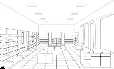 shop, mall, shopping mall, contour visualization, 3D illustration, sketch, outline