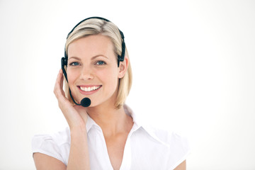 Portrait of gorgeous customer service representative with headset