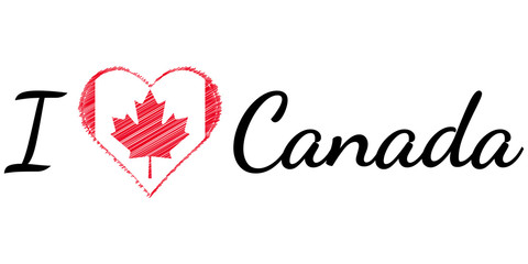 I love country Canada, text heart Doodle, vector calligraphic text, I love Canada flag heart patriot
