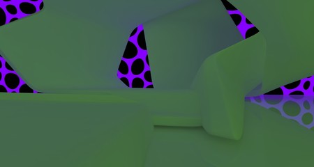 Abstract  white Futuristic Sci-Fi interior With Violet And Green Glowing Neon Tubes . 3D illustration and rendering.