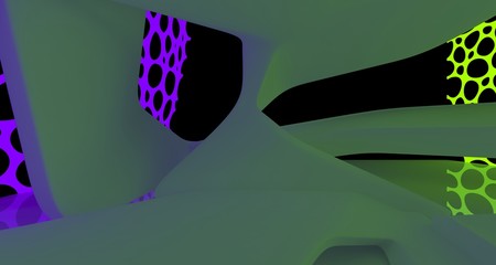 Abstract  white Futuristic Sci-Fi interior With Violet And Green Glowing Neon Tubes . 3D illustration and rendering.