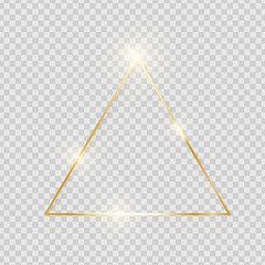Gold shiny glowing vintage triangle frame with shadows isolated on transparent background. Golden luxury realistic border. Wedding, mothers or Valentines day concept. Xmas and New Year. Vector