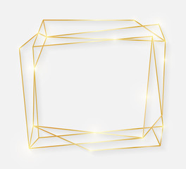 Gold shiny glowing vintage frame with shadows isolated on white background. Decorative golden luxury line border for invitation, card, sale, photo etc. Vector illustration