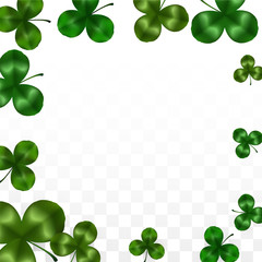 Vector Clover Leaf  Isolated on Transparent Background with Space for Text. St. Patrick's Day Illustration. Ireland's Lucky Shamrock Poster. Invintation for Concert in Pub. Top View. Success Symbols.