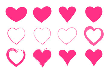 Pink hand drawn hearts set. Valentines day icons. Signs isolated on white background. Love concept stickers. Vector illustration