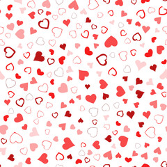 Valentines Day seamless pattern design. Red hand drawn hearts on white background. Love concept. Template for business card, website, print etc. Vector illustration