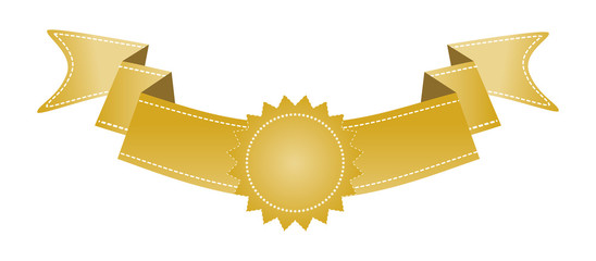 Embroidered gold ribbon isolated on white. Can be used for banner, award, sale, icon, logo, label etc. Vector illustration